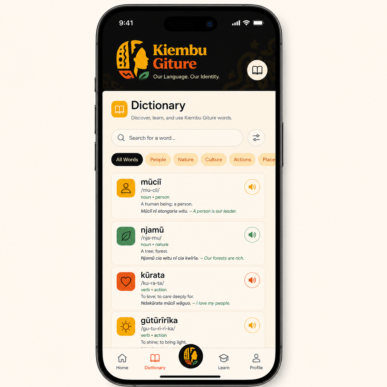 Kĩembu Gĩture dictionary screen